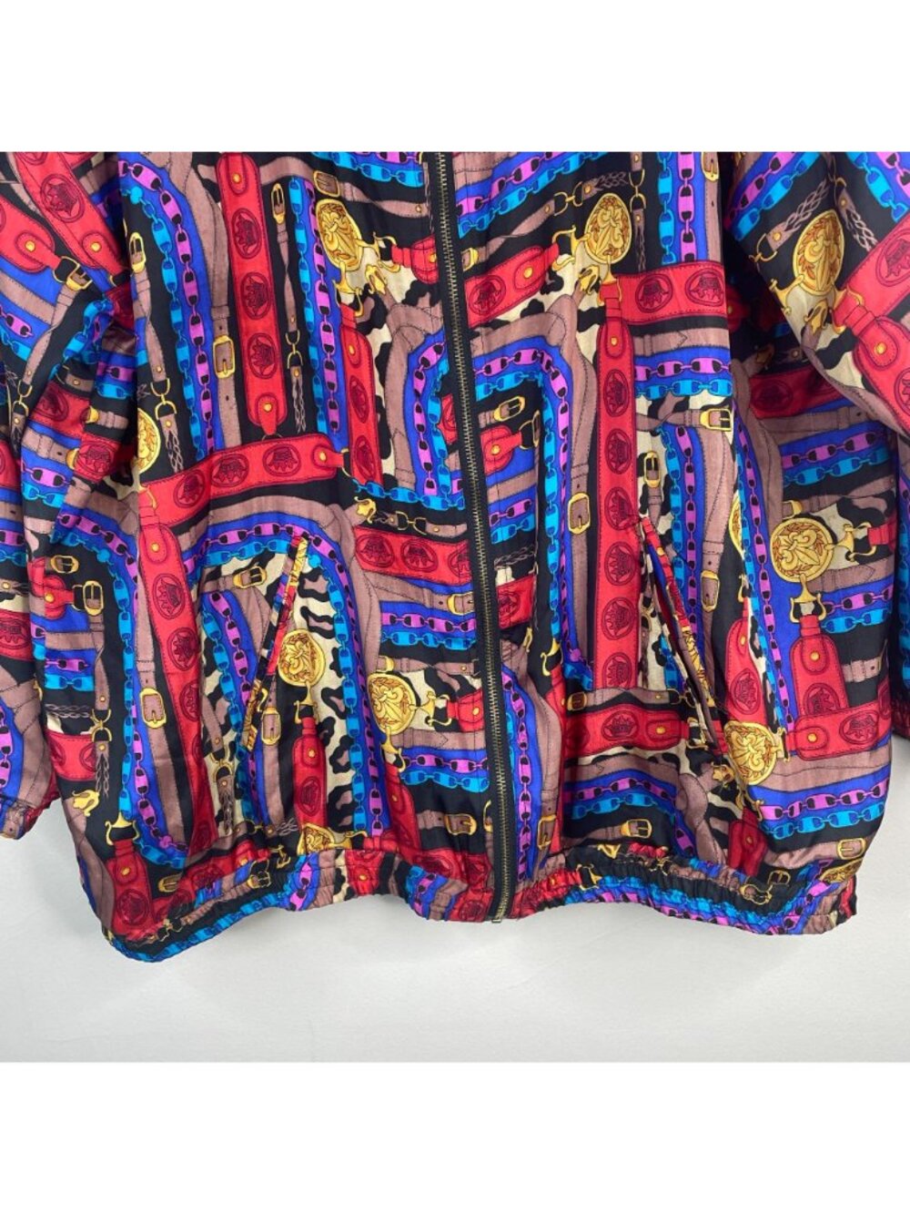 Vintage Bomber Jacket 1X Retro Silk 80s 90s Fresh Prince Baggy Urban Chain Print - Picture 5 of 16